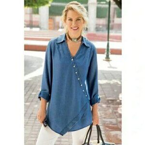 Soft Surroundings Washed Tencel Denim Tunic Casual Chic Coastal Grandma Boho L